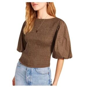 BB Dakota X‎ Steve Madden Women's Smocked City Brown Balloon Sleeve Top Size S